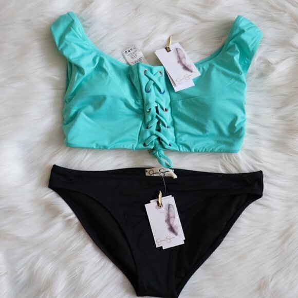 NEW Jessica Simpson Blue Off The Shoulder Front Lace Up Bikini Set Size Small - Picture 1 of 9